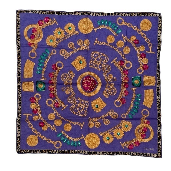 Authentic Celine Vintage Purple And Gold Baroque Handkerchief